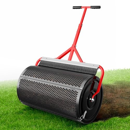Esparcidor de musgo de turba para compost con limpiador de malla de cepillo, esparcidor de rodillo de césped de 24 pulgadas, abrazaderas laterales mejoradas, mango ajustable en forma de T, rodillo de