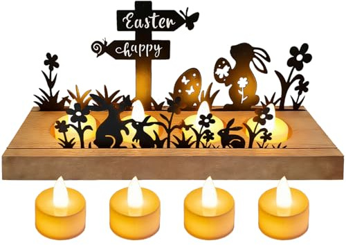 YOUYIKE Pasquale Coniglio Decorazioni Porta Candele con 4 LED Candele, Legno Candelabro & Metallo Coniglio Uovo di Pasqua Modello Pasquali Idee Regalo Casa La Tavola Luce Addobbi