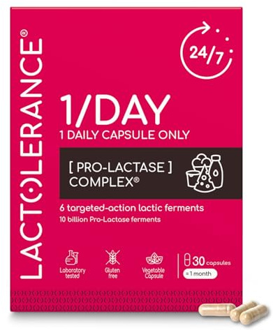 LACTOLERANCE 1/Day | Daily Probiotic for Lactose Intolerance | 10 Billion CFU Lactase Precursor | 24h Dairy Digestion Support | Only 1 Capsule Per Day | 30 Vegetarian Capsules