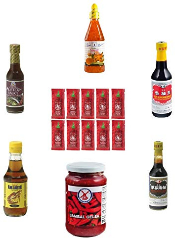 7 Saucen Set sojasauce austernsauce scharf süß soße sambal oelek sriracha sushiset chili
