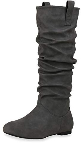 SCARPE VITA Damen Schlupfstiefel Warm Gefütterte Stiefel Nieten Wildleder-Optik Schuhe Flache Slouch Boots 152411 Grau 40