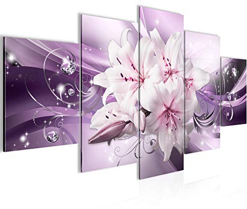 Runa Art - Bilder Blumen Lilien 200 x 100 cm 5 Teilig XXL Wanddekoration Design Violett Lila 020151b