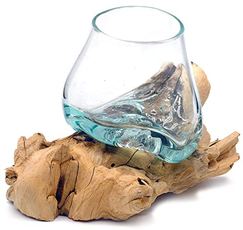 Wurzel mit Glas klein Ø 8-10 cm kleine Glasvase Kugelvase Holzdeko Vase auf Holzwurzel