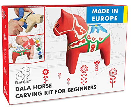 BeaverCraft Kit de Sculpture sur Bois avec Couteau Sloyd et Bloc de Tilleul – Kit DIY 02 Cheval de Dala – Loisirs Créatifs pour Adultes et Ados – Outils de Menuiserie et Idée Cadeau
