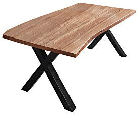 SAM Esszimmertisch 180x90 cm Xanten, Baumkantentisch naturfarben, Akazienholz massiv, X-Gestell aus Metall schwarz