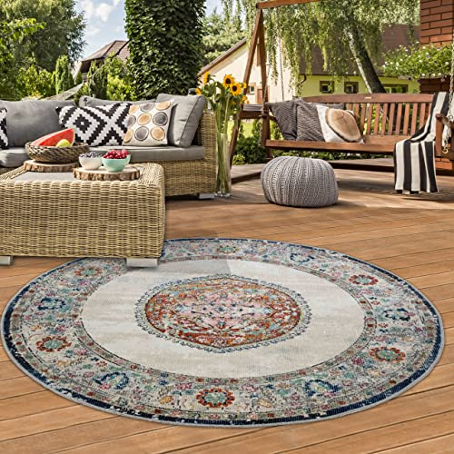 Teppich-Traum Rund orientalisk vintage-vardagsrumsmatta för inomhus och utomhus, för balkongen, med färgglada röd-orangea blommotiv, rund, 160 cm