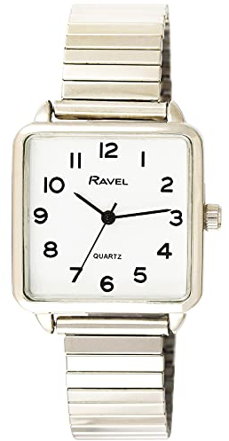 Ravel Women's Classic Square Everyday Watch with Clear Numbers - Stainless Steel Expander