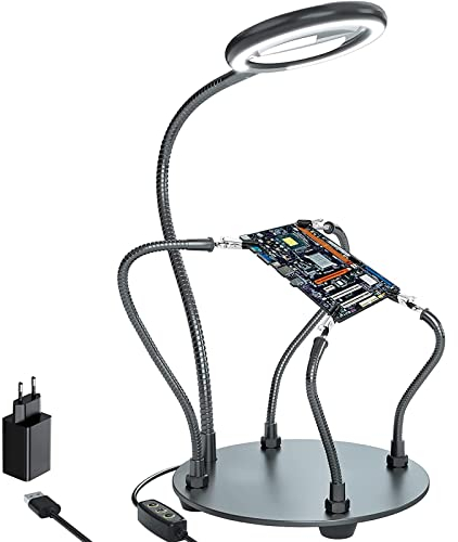 3X Gafas Lupas de Gran Aumento con Luz LED Tercera mano para soldar,lupa con luz de manos amigas de 28 LED regulables,4 brazos auxiliares flexibles Lupa de iluminada para DIY,reparaciones,manualidades