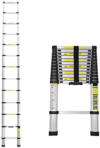 Lospitch Scala telescopica pieghevole in alluminio, 3,8 m, con meccanismo di bloccaggio a molla, portata 150 kg, per lavori di casa, tetto, giardino