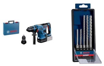 Bosch Professional BITURBO Akku Bohrhammer GBH 18V-34 CF (SDS plus Wechselfutter, Zusatzhandgriff, Tiefenanschlag) + 5x Expert SDS plus-7X Hammerbohrer Set (für Stahlbeton, Ø 5-10 mm)