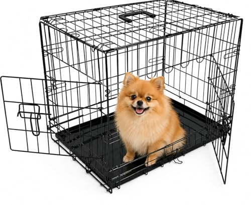 UNDERDOG Metal Dog Crate/Cage – Pet Black Metal Folding Cage with 2 Doors Sliding Chew Resistant Plastic Base Tray Heavy Duty Puppy Training Solution (24 Small, Dog Crate)