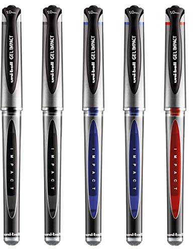 Uni-Ball Gel Impact Kugelschreiber, 1 mm breit, Schwarz, Blau und Rot, 5 Stück