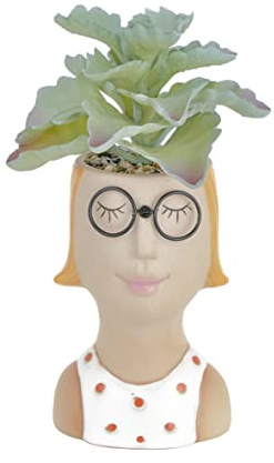 Baroni Home Jarrón de Cerámica con Diseño Pintado a Mano y Planta Artificial Integrada, Jarrón Decorativo para Interior y Exterior, Camiseta y Gafas, 9x7,5x13 cm