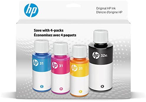 HP Inchiostro Nero 32XL Bottiglia da 31 CMY/32XL, 4-Pack, Compatibile con HP Smart Tank Plus e stampanti Premium, Alto Rendimento, Facile da Versare, Set Completo di Colori dell'Inchiostro