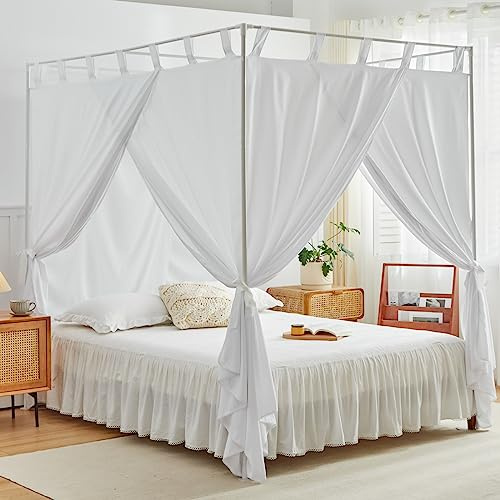 AIKASY White Canopy Bed Curtains with Top Ties and Tie Backs for Bedroom Decoration - King Size Bed Curtains with Windproof and Lightproof Features