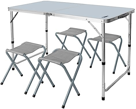 NEO TOOLS Camping-Set:Faltbarer Tisch und 4 Klappstühlen, zusammengefaltet in einem Koffer, Campingmöbel im Koffer - Mobiler Biwak-Satz, Campingausrüstung, Alternative für den Kleingarten
