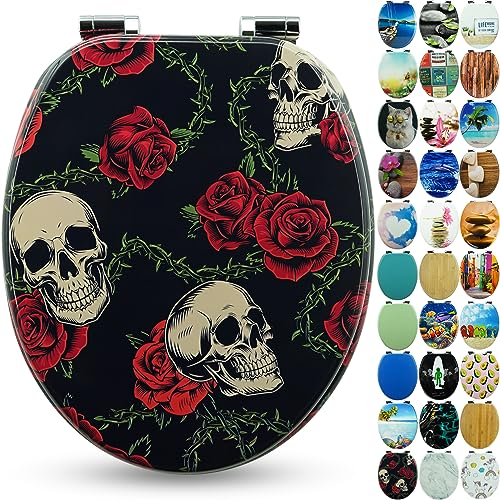 SANFINO® Premium WC Sitz mit Absenkautomatik – hochwertige Toilettendeckel aus Holz, viele bunte Motive, hoher Sitzkomfort, einfache Montage inklusive Montageanleitung – Rose Skull