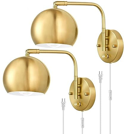 EOEO Vintage Wandlampe mit Stecker und Schalter, Dimmbar Gold E27 Nachttischlampe Wand mit Kabel für Schlafzimmer,Industrielle Wandleuchte Retro Design,Drehbare, Inkl. Dimmbare LED Birnen, 2 Stücke
