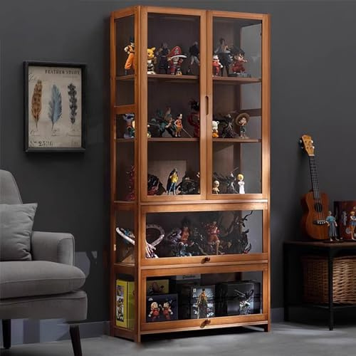 KUYATE Vitrine aus Glas, Antik-Stil, Bambusrahmen, 3 Ablagen, Curio-Regal, klare Sicht, staubdicht