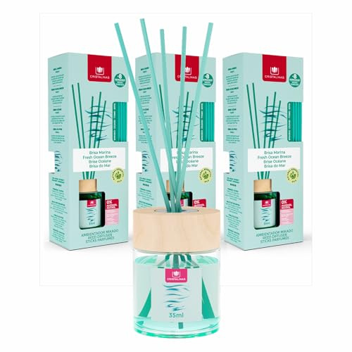Cristalinas 35ml Ocean Breeze Air Fresheners for Home - Reed Diffusers for home - Home Fragrance Lasts upto 8 weeks - Room Diffuser Sticks with Coloured Fragrance Oil - Pack of 3