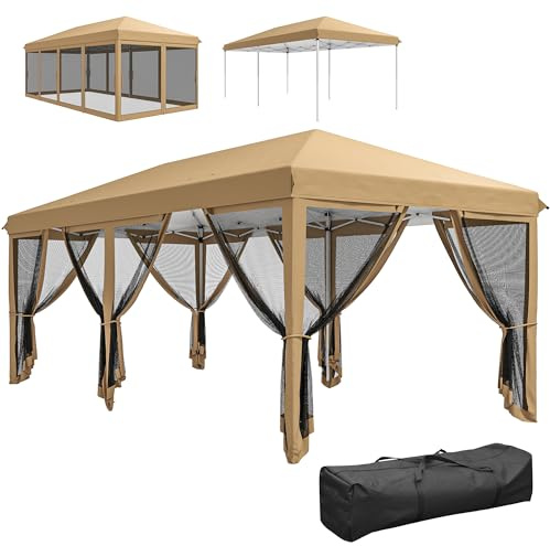 Outsunny 3 x 6m Pop Up Gazebo, Outdoor Canopy Shelter, 6 Mesh Walls, Beige