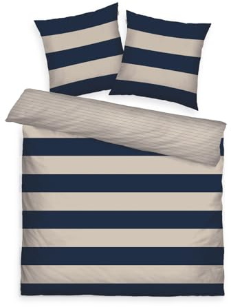 TOM TAILOR Renforcé-Bettwäsche, 2*80x80 cm + 200x220 cm, 100% Baumwolle/ Renforcé, mit Wendemotiv und farbigem Markenreißverschluss, BOLD STRIPES Blau, Beige (Dark Navy & Sunny Sand)