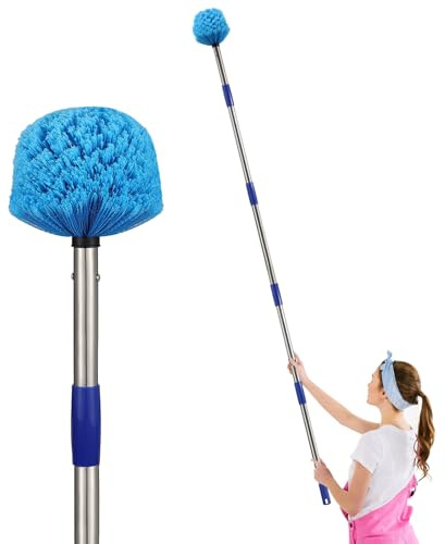 Cobweb Duster with Extension Pole, 6FT Adjustable Stainless Steel Handle & 360° Flexible Duster Head, Lightweight Washable Web Brush for High Ceiling - Indoor Outdoor Use