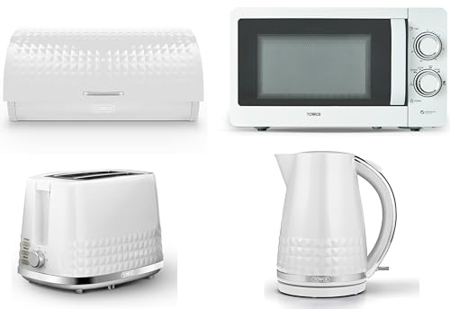 Tower Solitaire White 1.5L 3KW Jug Kettle, 2 Slice Toaster, T24042WHT 800W 20L Manual Microwave & Bread Bin. Matching Contemporary Design Kitchen Set in White