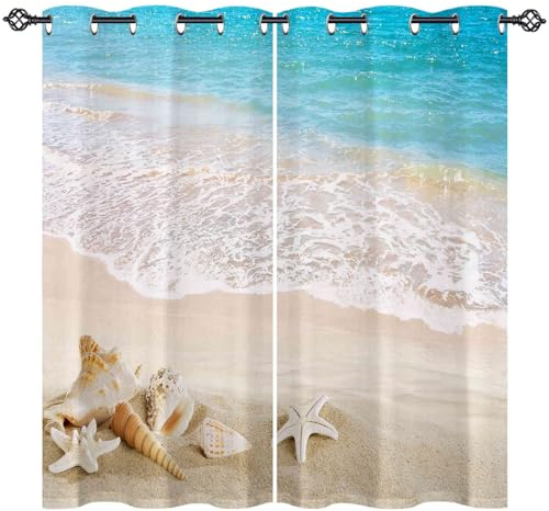 ANHOPE Ozean Strand Muscheln Seestern Vorhänge mit Ösen Blickdichte Gardinen Thermo Vorhang Blackout Curtain Schlafzimmer Wohnzimmer Weich Verdunklungsvorhänge 2er Set H 160 x B 132 cm