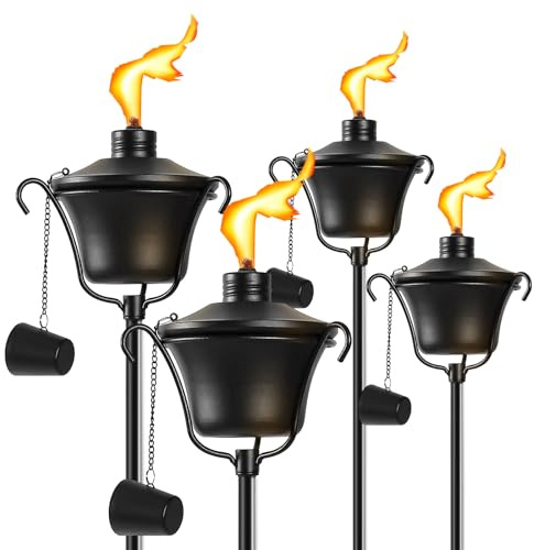 FALBAWR Citronella Torches Set of 4, 3-Prong Grounded Stake Outdoor Torches ，14.5 oz Garden Torches for Outside, 58 inch Outdoor Decorative Torch