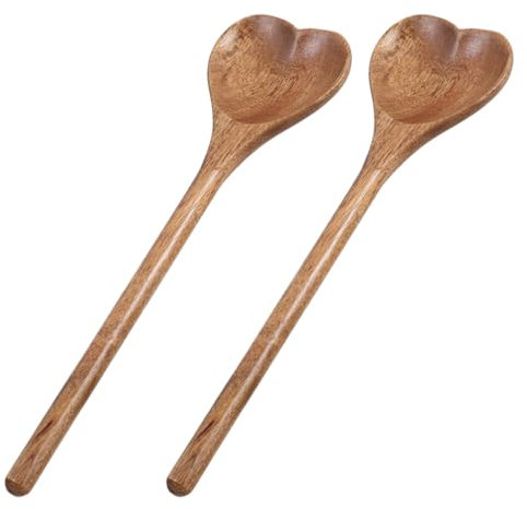 Zerodeko 2pcs Heart Shaped Wooden Spoon Multi-Functional Mixing Spoon for Stirring Serving and Tossing Ergonomic Handle Carved Wood Utensils for Home Coffee Shops and Desserts