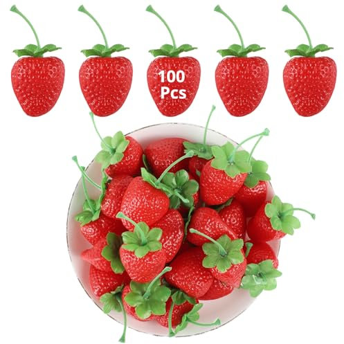 YOFAPA Künstliche Erdbeeren, 100 Stück, 7cm,rote Erdbeer-Dekorationen aus Kunstplastik, lebensechte Erdbeer-Simulationen, realistische Obst-Requisiten für Partys, Fotografie