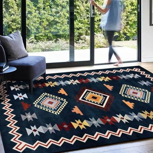 AAFUOO Tappeto tradizionale bohémien, tappeto nazionale sud-occidentale, blu, resistente alle macchie, lavabile, per soggiorno, 120 * 210 cm (47×83in)