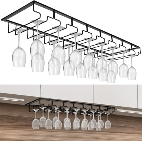 Kritkin 8 Row Wine Glass Rack Under Cabinet Holds up to 16-24 Glasses Under Cabinet Stemware Wine Glass Holder Extreme Large Hanger Hanging Wine Glass Holder for Cabinet Kitchen Bar Counter Black