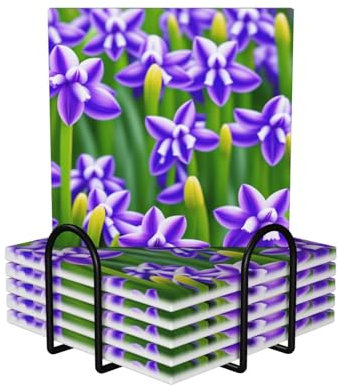 Keramik-Untersetzer, violett, Hyazinthe, quadratisch, saugfähig, mit Halter, für Zuhause, Büro, Bar, Restaurant, 6 Stück