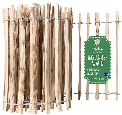 Creative Home Recinzione Giardino Esterno | Staccionata Legno Alto 60cm Lungo 5m | Recinzione in Nocciolo a Rotolo | Distanza Pannelli 7-9cm | Recinto Legno per Prato, Bordatura di Aiuole in Nocciolo