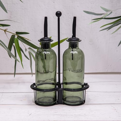 Annibells Green Glass Olive Oil & Vinegar Bottle Dispenser Cruet Set on Vintage Black Iron Stand