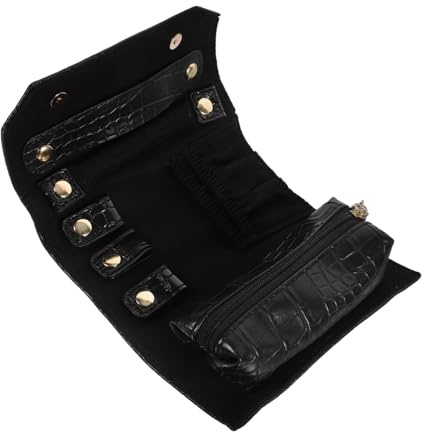 TOGEVAL Estuche Enrollable Para Joyas Pequeño De Piel Sintética Negra, Organizador De Joyas De Viaje Portátil, Bolsa Rollo Para Almacenamiento y Transporte De Collares y Pendientes