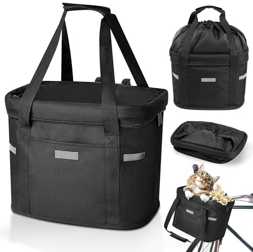 Anhow Cestino Bicicletta Anteriore, Cestino Rimovibile per Bicicletta Anteriore con Fissaggio rapido Pieghevole Fino a 5 kg di Carico Cestino per Animali, Borsa per la Spesa,Campeggio All'Aperto, Nero