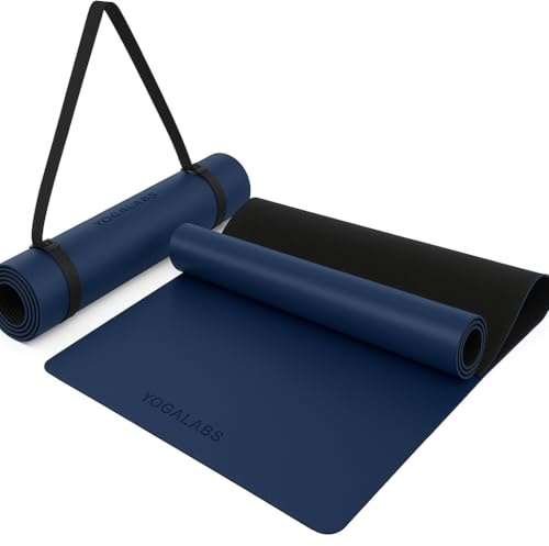 YOGALABS® - Premium Yoga-Matte STUDIO 185 x 68 x 0,4cm (extra groß) inkl. Gurt aus ECO PU & Naturkautschuk - Antirutsch-Beschichtung Gymnastik & Pilates-Matte 100% nachhaltig, schadstofffrei (Blau)