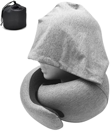 TWSOUL Cuscino cervicale aeroplano, cuscino da viaggio con cappuccio, cuscino cervicale per adulti, cuscino cervicale in memory foam, cappuccio pieghevole per ufficio e sonno laterale (grigio)