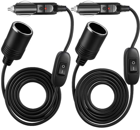 Keedin Car Cigarette Lighter Extension Cable with ON/OFF Switch,9.8FT/3m Lighter Extension Cord Lead with Female Inline Socket Connector,12V/24V 17AWG,Suitable for Tyre Inflators/Portable Equipment-2P