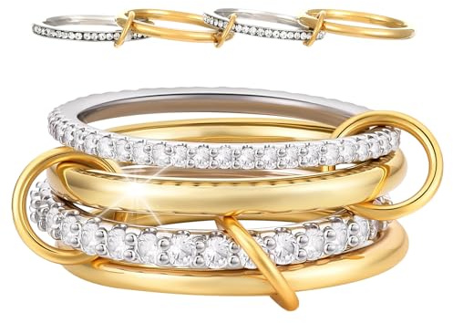 GmwyCzV Stapelbara ringar för kvinnor, 18K förgyllda kubiska zirkoniaringar, guld och silver 4 sammankopplade ringar, guldpläterade ringar, för vardagen eller speciella tillfällen (storlek 7)