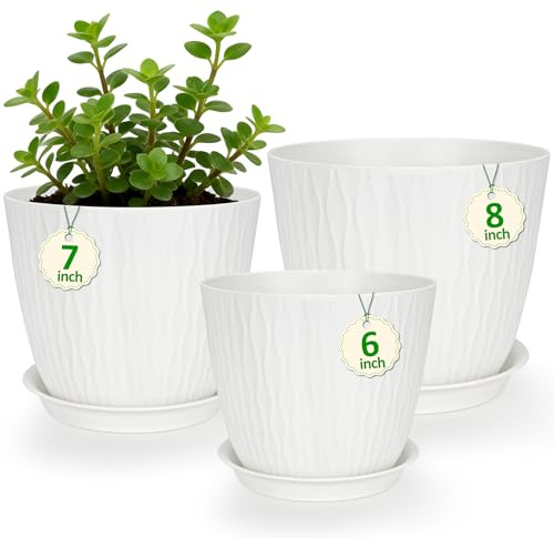 CSYY Plant Pots Indoor, Plastic Planters with Drainage Holes and Saucer, Decorative Stripe Grooves Flower Pots for Indoor Outdoor Houseplants (White, 8/7/6in)