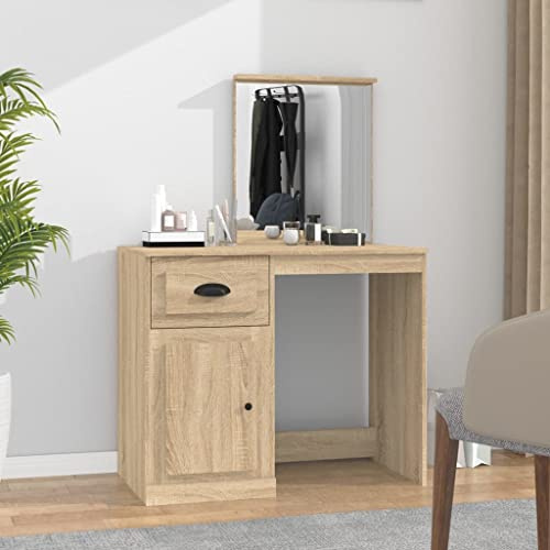 HaoChrymec Toletta con Specchio in Legno Rovere Sonoma,Design Moderno Asimmetrico con Ampio Spazio di Archiviazione,Postazione Trucco e Vanity Desk for Makeup,Adatta a Camera da Letto,90x50x132.5 cm