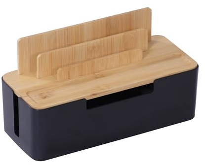 Relaxdays Kabelbox, bambu, hållare mobiltelefon, surfplatta, HBT 16 x 30 x 13 cm, 6-vägs uttag, kabelgömventilation, natursvart