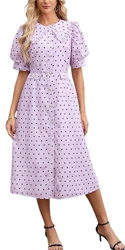 Ladyful Puff Short Sleeve Midi Dress Polka Dot Empire Waist Dress Vintage Ruffle Peter Pan Collar Wedding Guest Dresses