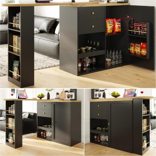 vutizal Tavolo girevole con porta scorrevole, altezza XX cm, isola da cucina mobile su ruote con 2 cassetti, 3 livelli e vano armadio in nero, per angolo cottura e sala da pranzo (dimensioni totali