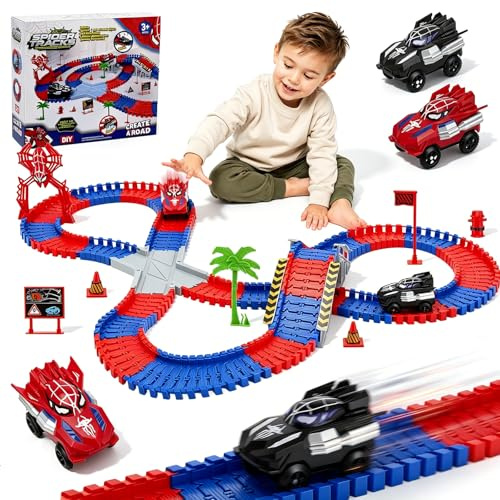 VeftBltrem Spider Autorennbahn Set mit 2 Elektroautos, 212PCS Flexibles Auto Rennbahn Spielzeug, Kinder Weihnachten Geburtstag Geschenk, Rennstrecke für Kinder ab 3 4 5 6 7 8 Jahre Junge Mädchen