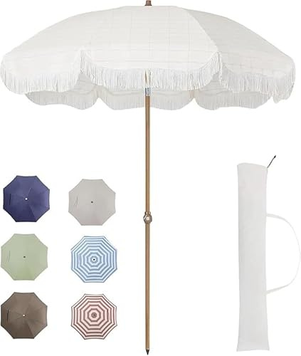 Parasol à franges, parasol de terrasse extérieur 2,13 m avec sac transport, plage | vintage pampilles, mât en acier haut gamme(F)